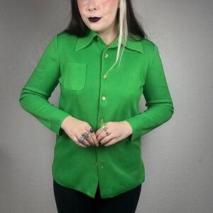 Vintage Green Collared Button Front Long Sleeve Sweater Top Women's